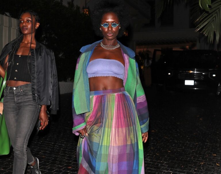 Jodie Turner-Smith Stuns in Colorful Purple, Blue, and Green Plaid Marrakshi Life Ensemble at Chateau Marmont