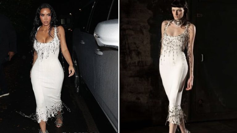 Kim Kardashian Wears White Dilara Findikoglu Gown With Safety-Pin Fringe to Petra Collins’ Plaza on La Brea Party