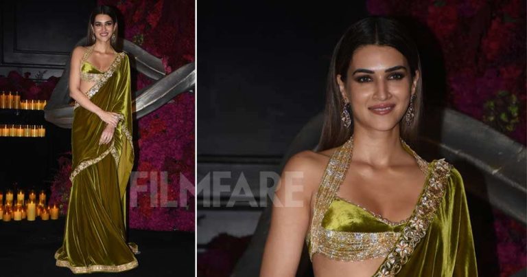 PHOTOS: Kriti Sanon Stuns in a Regal Green Velvet Saree at Sister Nupur Sanon’s Wedding Reception