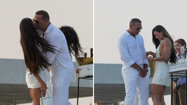 A-Rod Plants Lip Smacker on Beatiful Brunette at Michael Rubin’s White Party