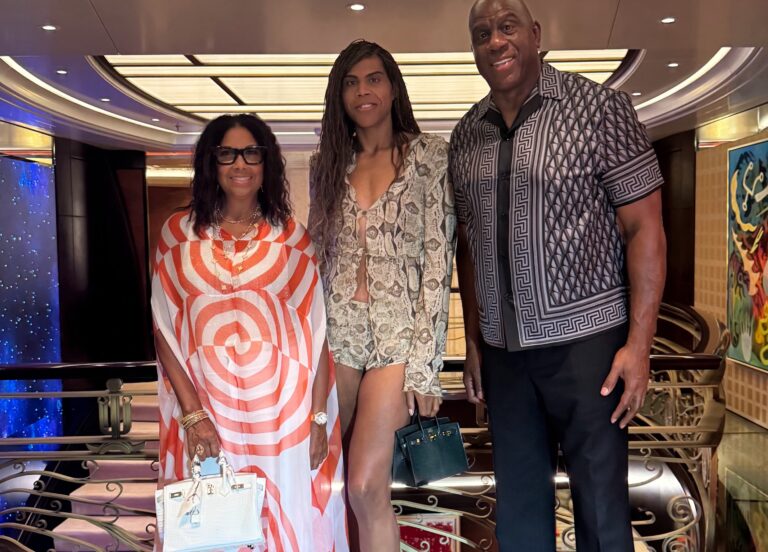 Magic Johnson, Cookie Johnson in Dries Van Noten, and EJ Johnson in Gucci Snake Shorts Set Enjoy Family Dinner in Croatia